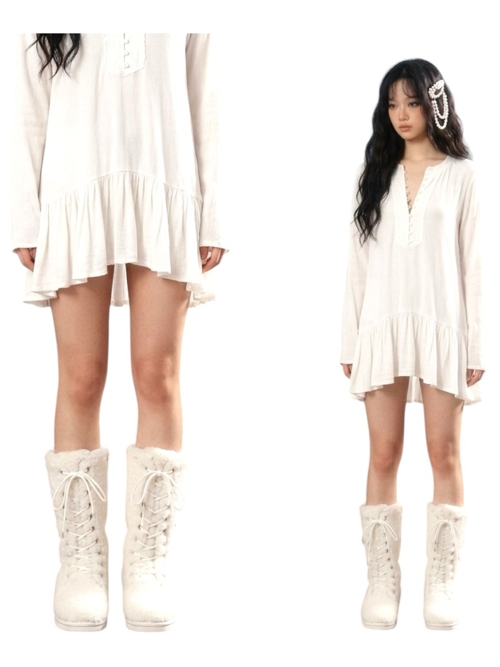Free People FP Beach Coquette Mini Ruffled Tunic Dress White Henley Size Medium